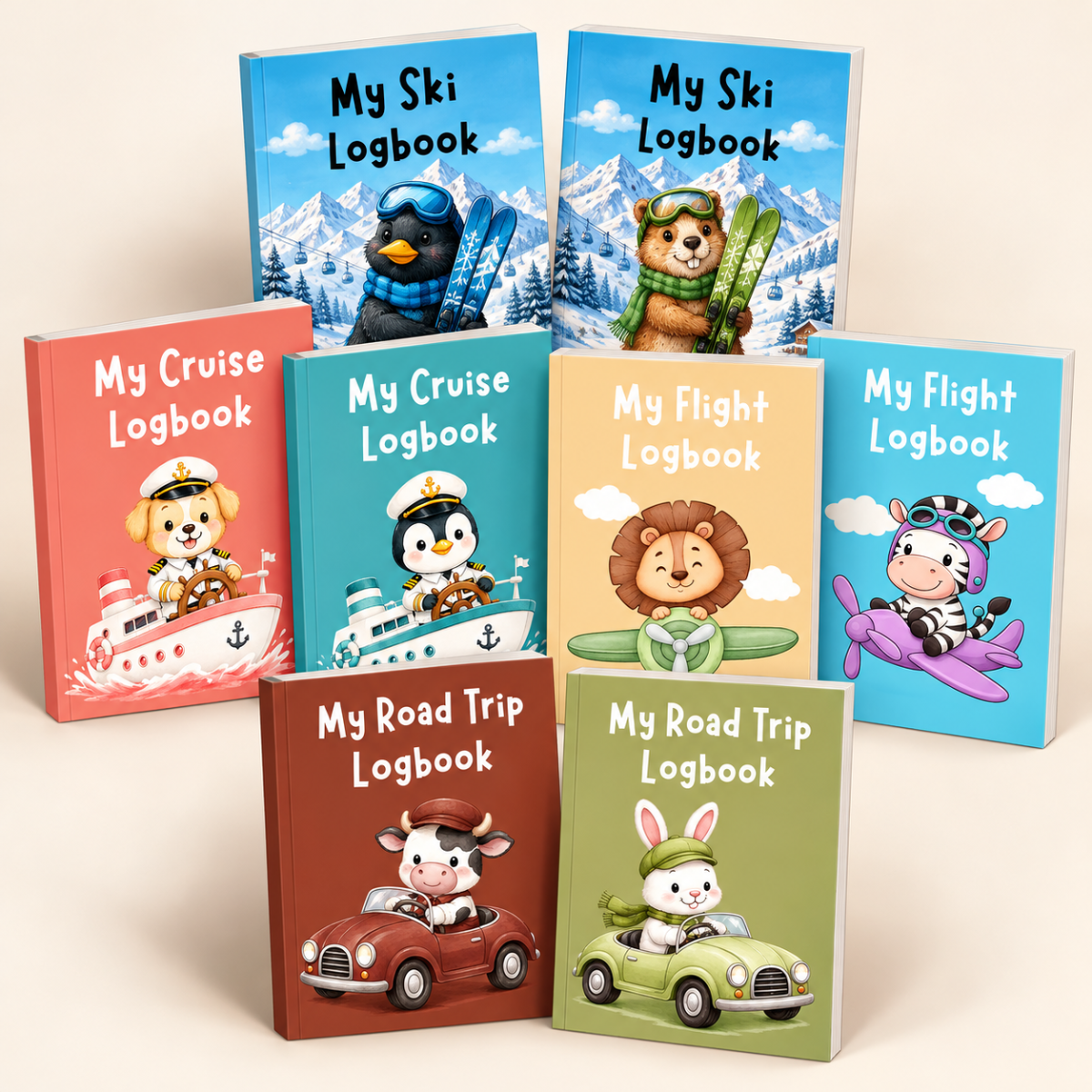 Adventuring travel logbooks for kids, plane, cruise, road, ski