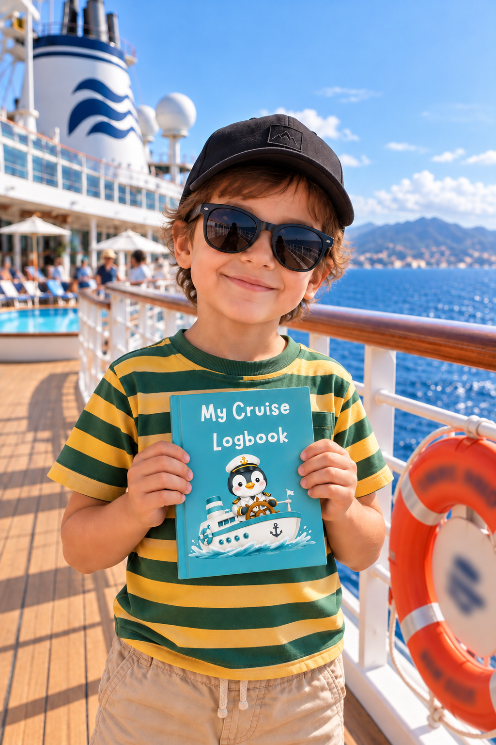 Child holding the Cruise Logbook on a cruise ship deck