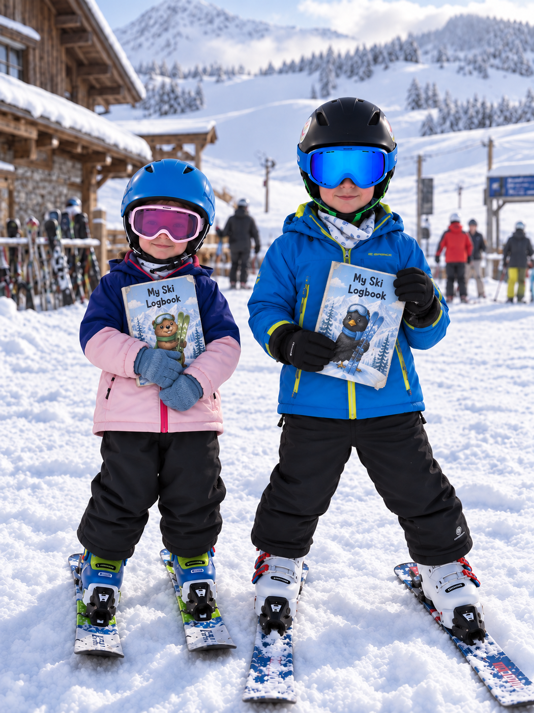 Two children holding Ski Logbooks at a ski resort